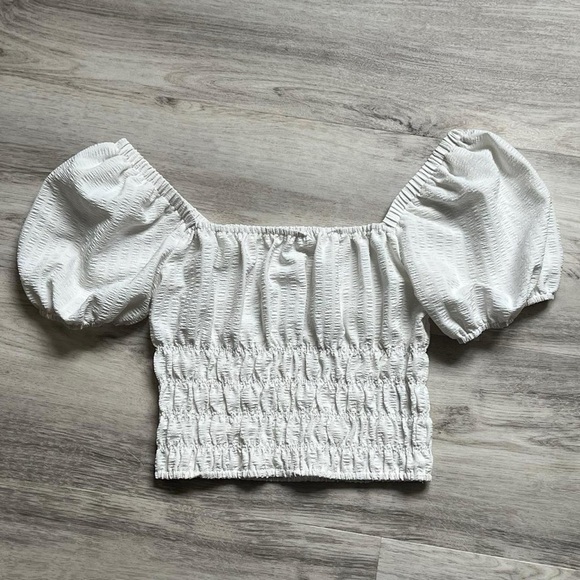 Elodie Tops - Elodie White Smocked Crop Top with Puff Sleeves